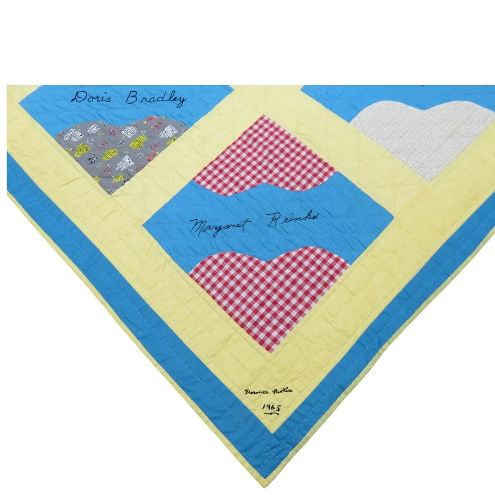 Vintage 1965‎ Handmade Friendship Quilt Embroidered Signed Patchwork Blue Yellow